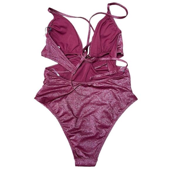 NEW Shade & Shore Monokini Plunge Cut Out High Leg Red Lurex One Piece Swimsuit - Picture 4 of 4